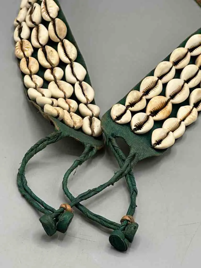 African Cultural Wide Real Cowrie Shell-Green Leather Ball & Loop Closure Belt