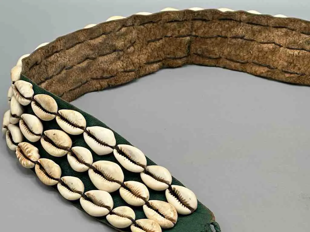 African Cultural Wide Real Cowrie Shell-Green Leather Ball & Loop Closure Belt