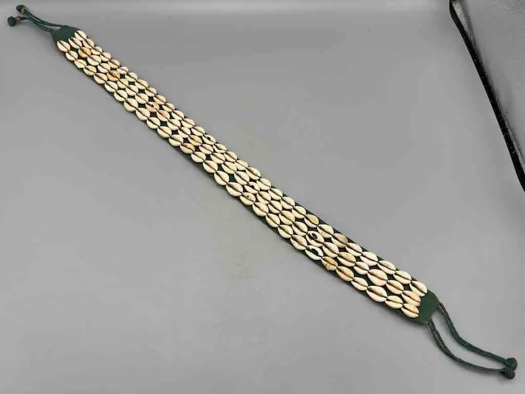 African Cultural Wide Real Cowrie Shell-Green Leather Ball & Loop Closure Belt