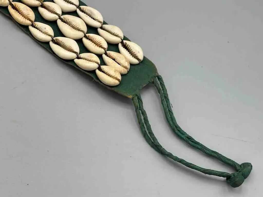 African Cultural Wide Real Cowrie Shell-Green Leather Ball & Loop Closure Belt