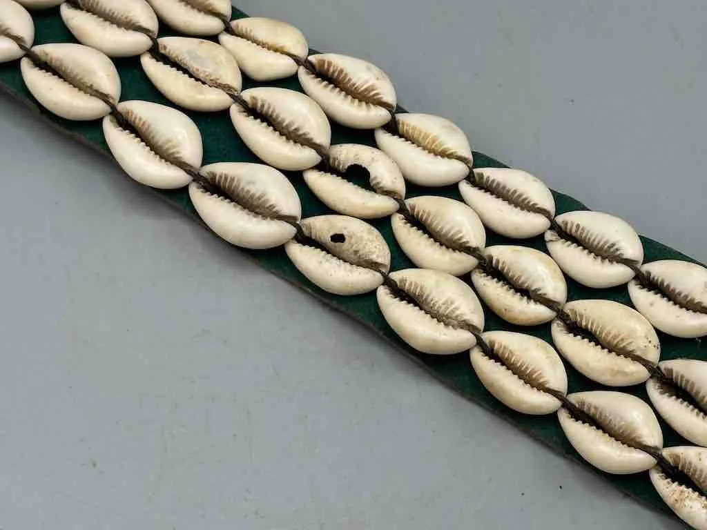 African Cultural Wide Real Cowrie Shell-Green Leather Ball & Loop Closure Belt