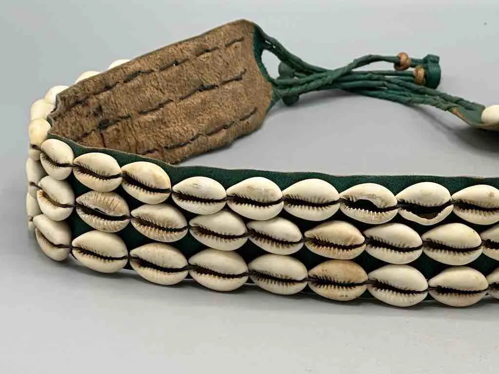 African Cultural Wide Real Cowrie Shell-Green Leather Ball & Loop Closure Belt