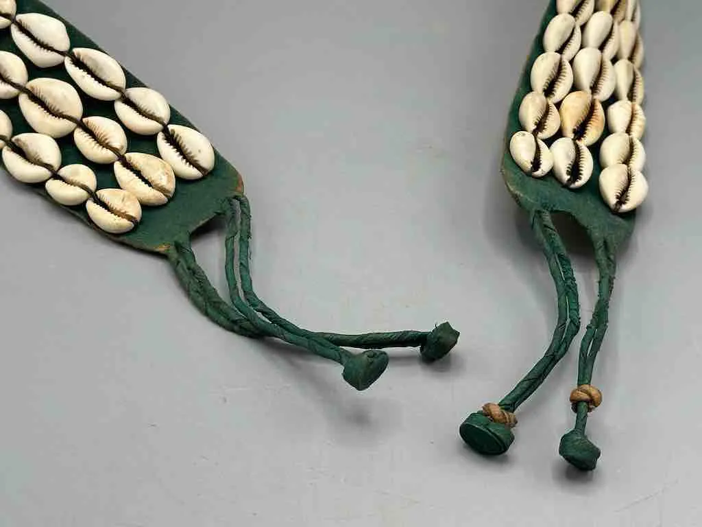 African Cultural Wide Real Cowrie Shell-Green Leather Ball & Loop Closure Belt