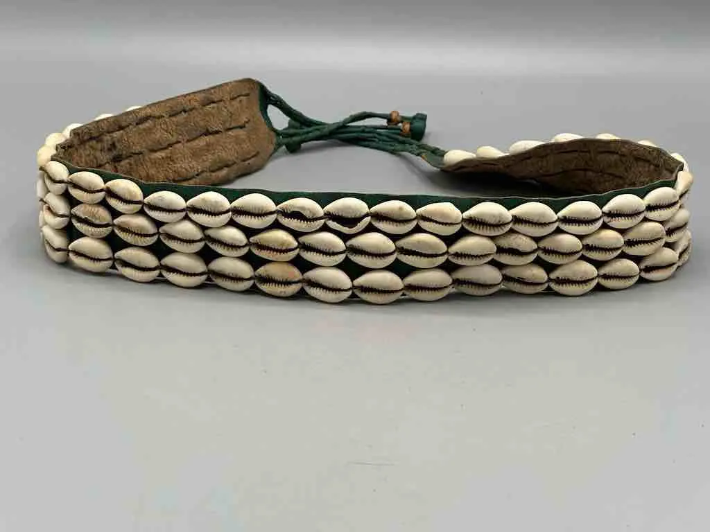 African Cultural Wide Real Cowrie Shell-Green Leather Ball & Loop Closure Belt