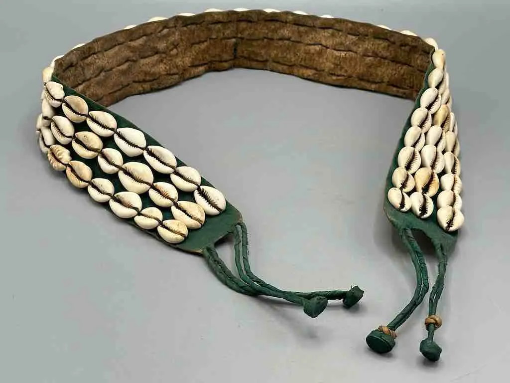 African Cultural Wide Real Cowrie Shell-Green Leather Ball & Loop Closure Belt