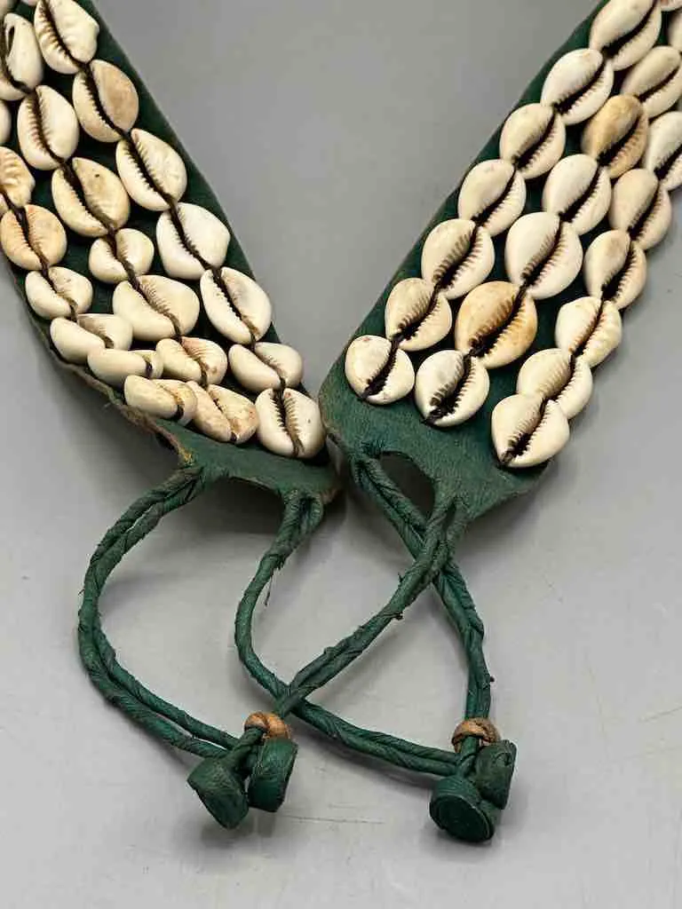 African Cultural Wide Real Cowrie Shell-Green Leather Ball & Loop Closure Belt