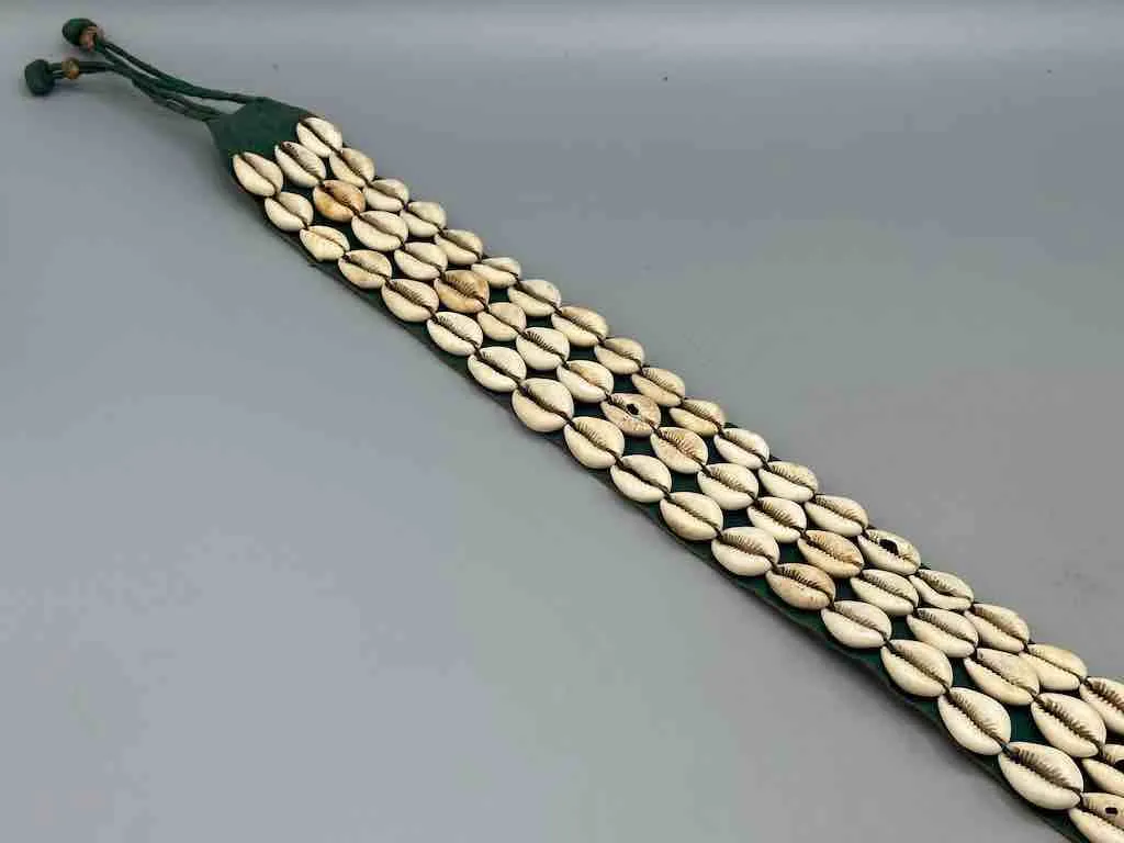 African Cultural Wide Real Cowrie Shell-Green Leather Ball & Loop Closure Belt