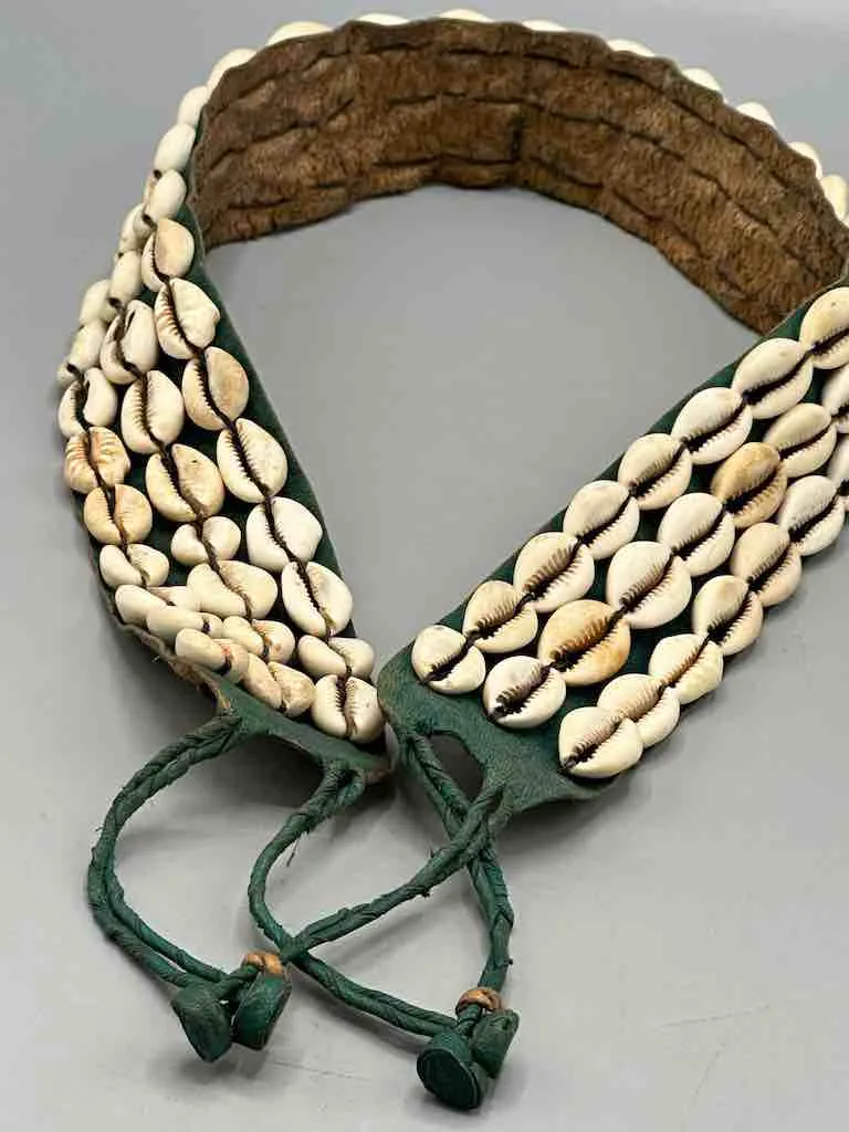 African Cultural Wide Real Cowrie Shell-Green Leather Ball & Loop Closure Belt