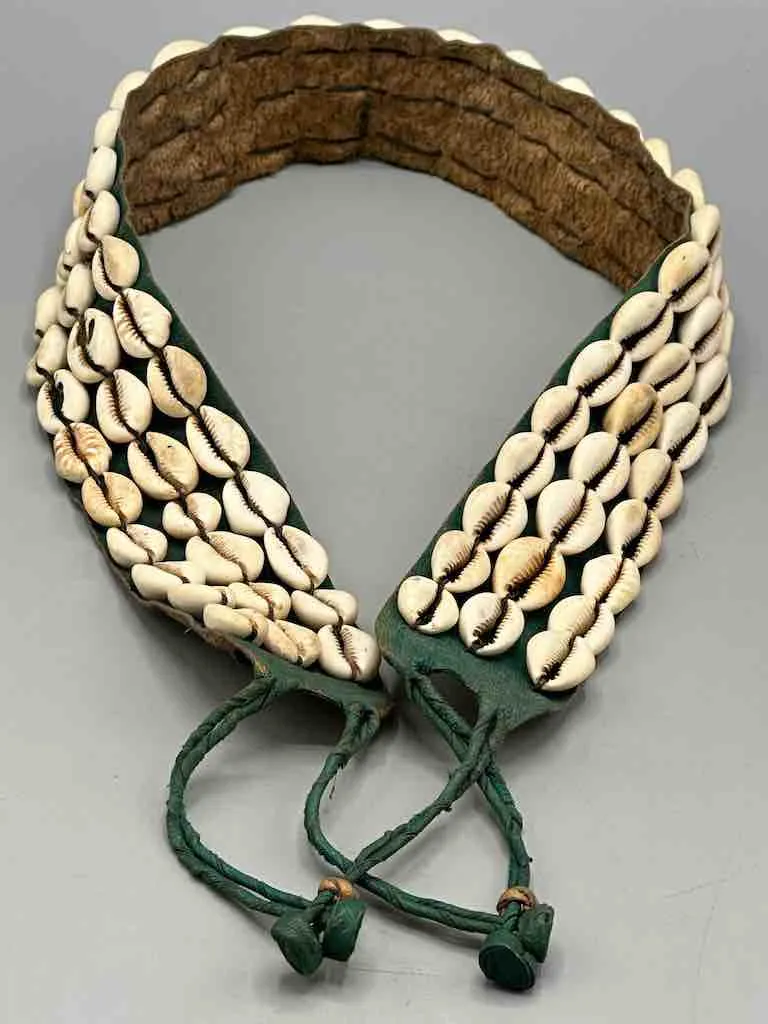 African Cultural Wide Real Cowrie Shell-Green Leather Ball & Loop Closure Belt