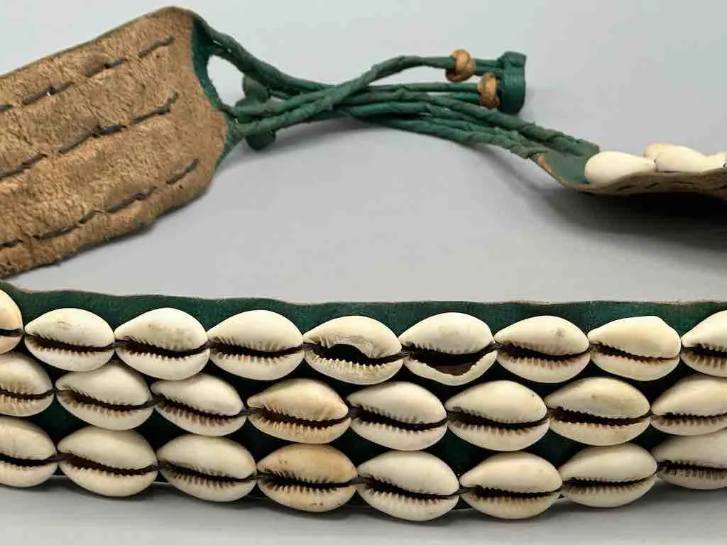 African Cultural Wide Real Cowrie Shell-Green Leather Ball & Loop Closure Belt