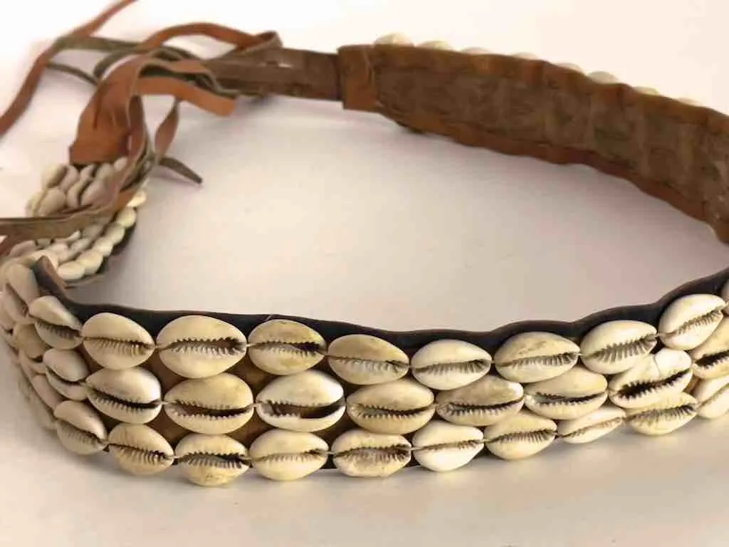 African Cultural Wide Real Cowrie Shell-Leather Tie-Closure Belt - 3 colors