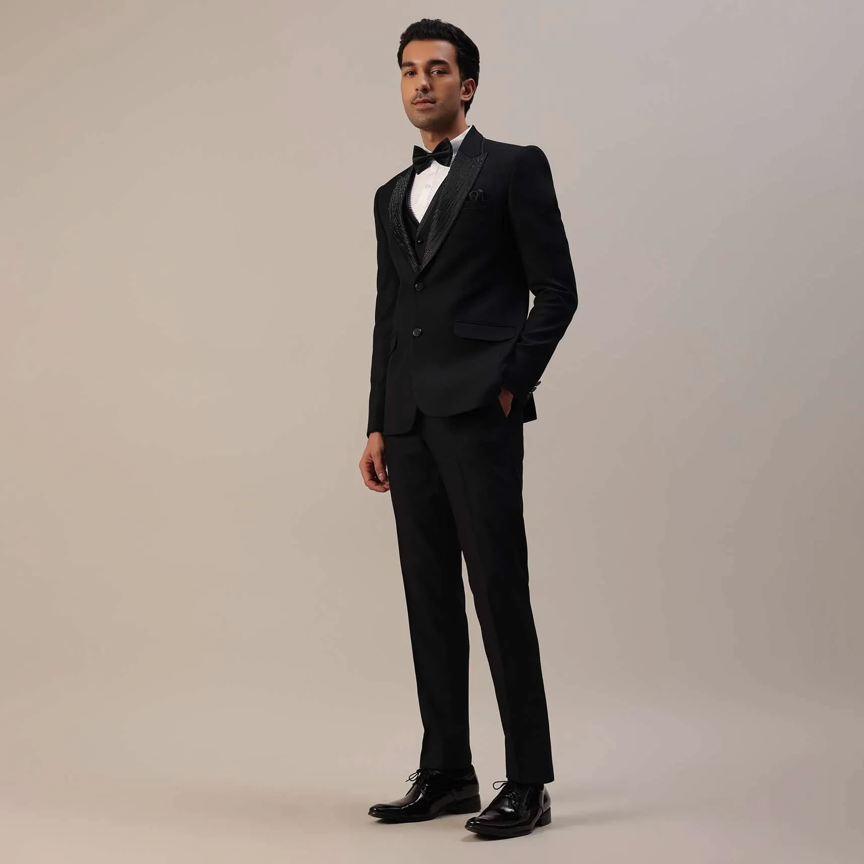 Black Crystal Studded Tuxedo Set In Terry Rayon