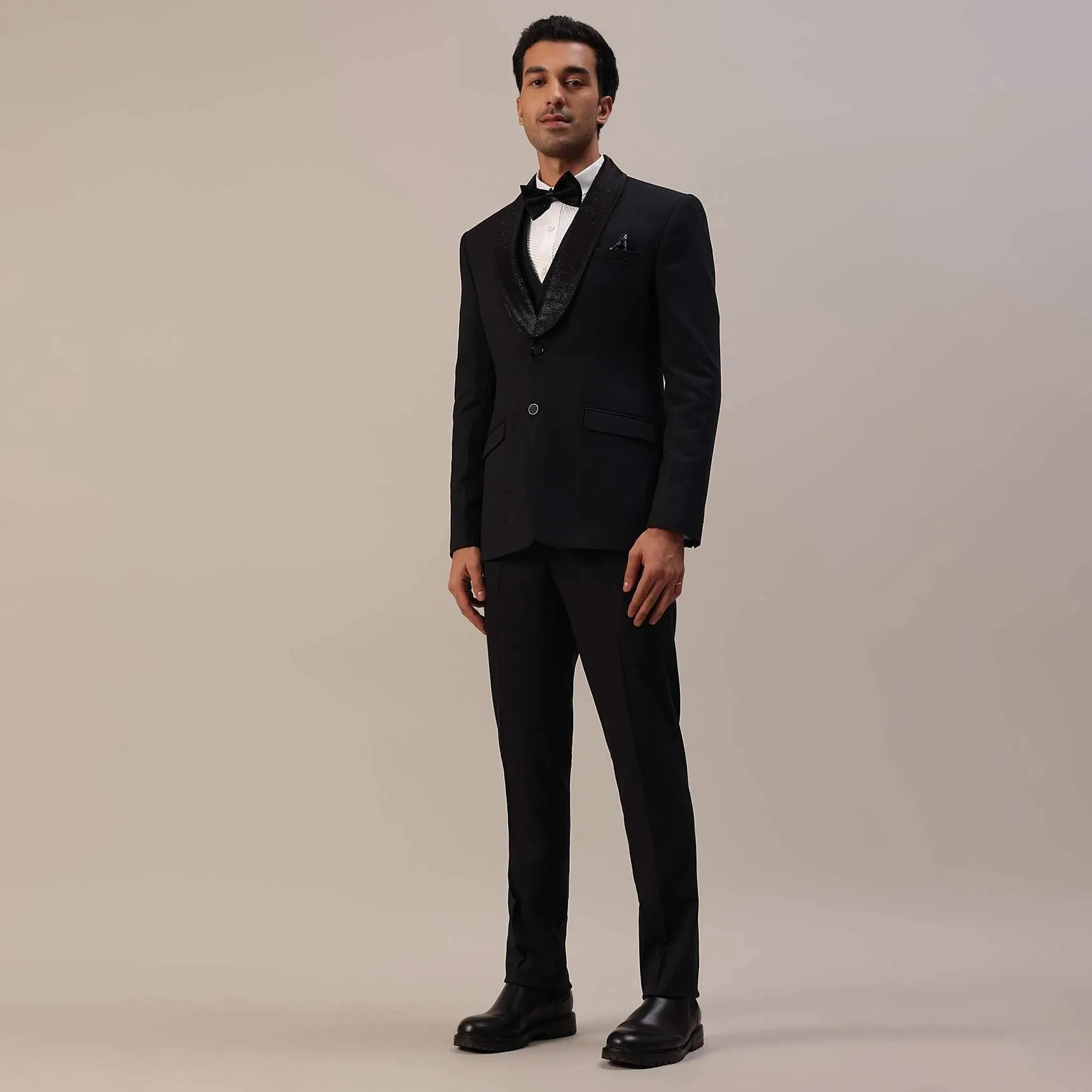Black Cut Work Embroidered Tuxedo Set In Terry Rayon
