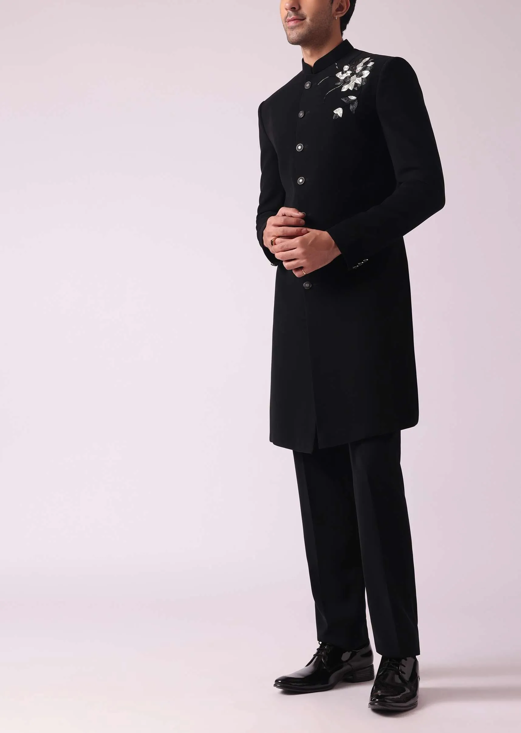 Black Embroidered Indowestern Suit With Mandarin Collar