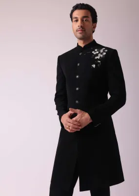 Black Embroidered Indowestern Suit With Mandarin Collar