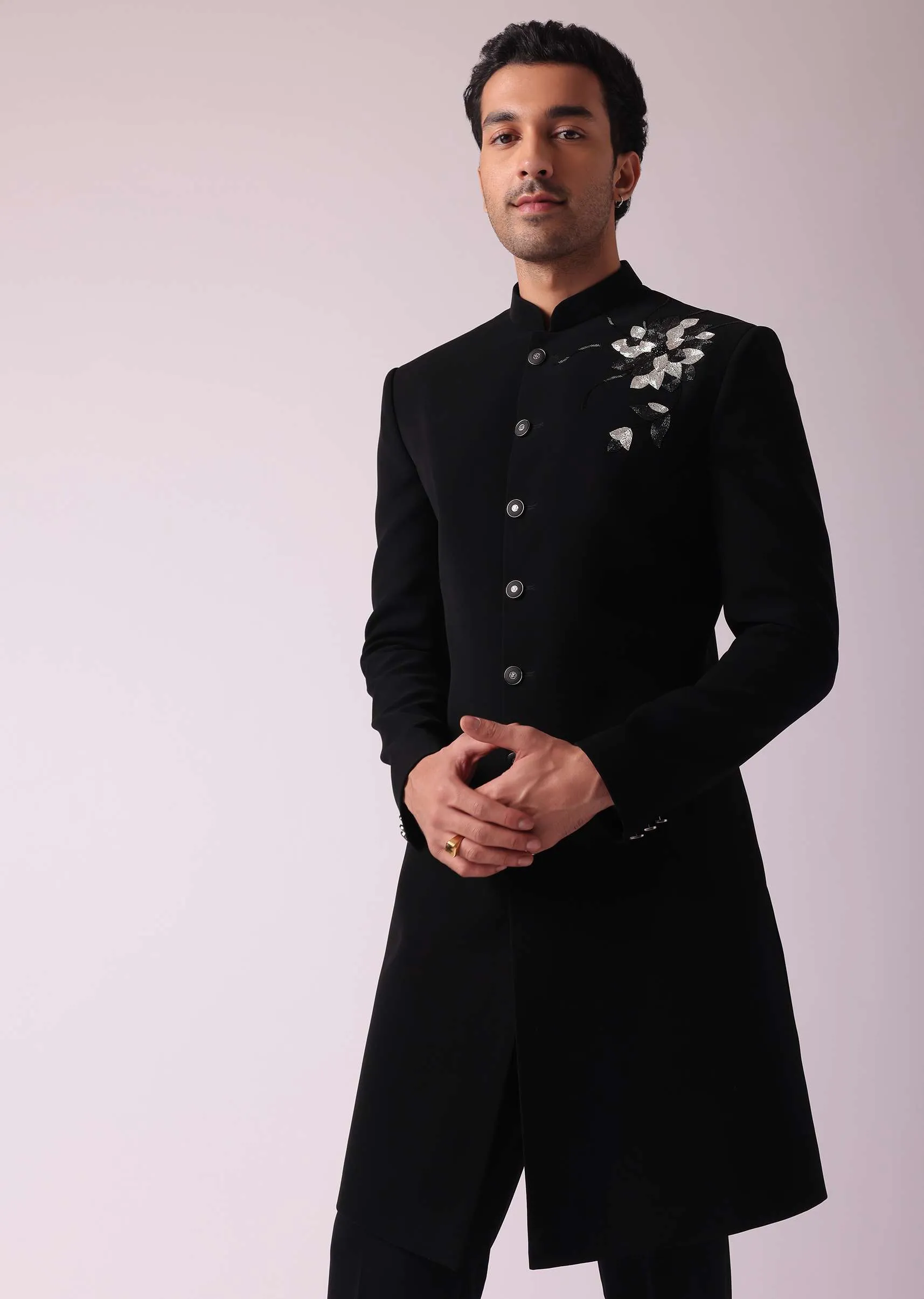 Black Embroidered Indowestern Suit With Mandarin Collar