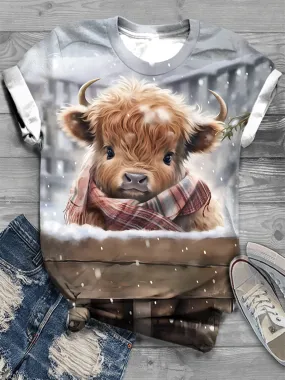 Firelyy WINTER HIGHLAND COW PRINT CREW NECK T-SHIRT