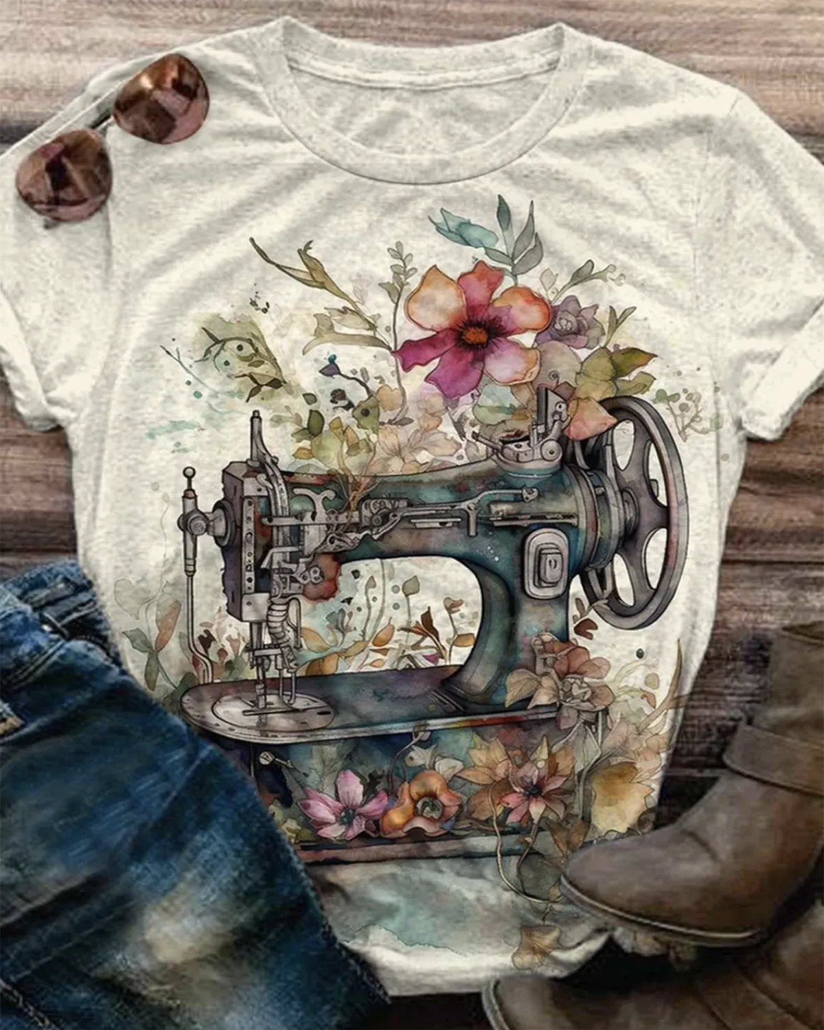 Firelyy WOMEN'S SEWING MACHINE FLORAL PRINT RETRO TOP