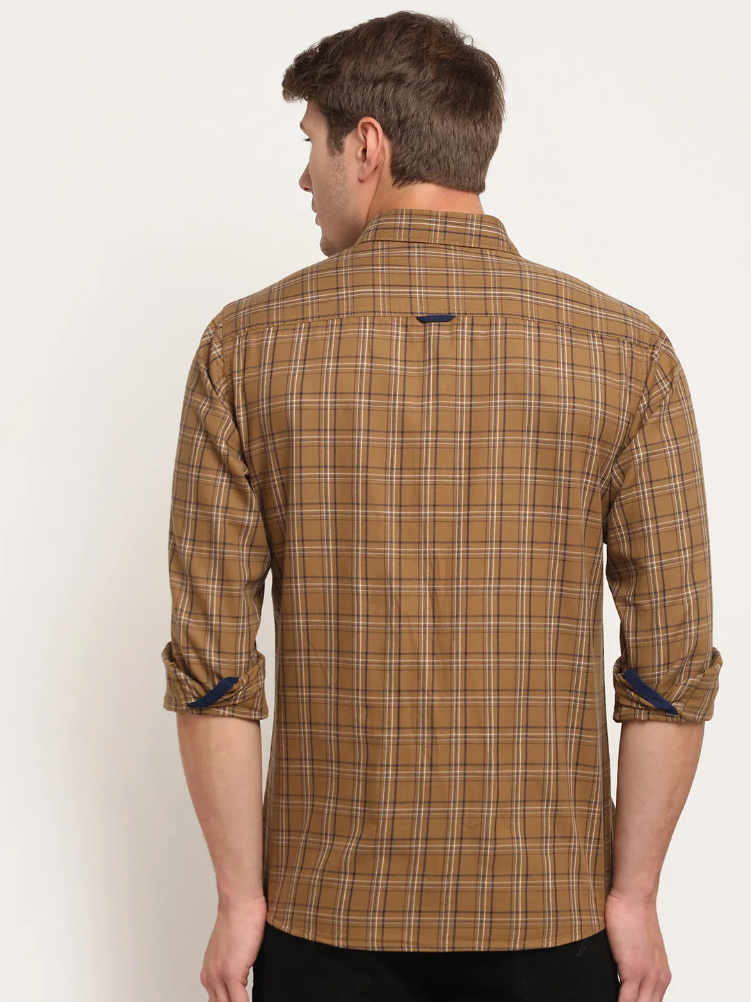 Men Cotton Checkered Khaki Full Sleeve Casual Shirt for Men with Pocket