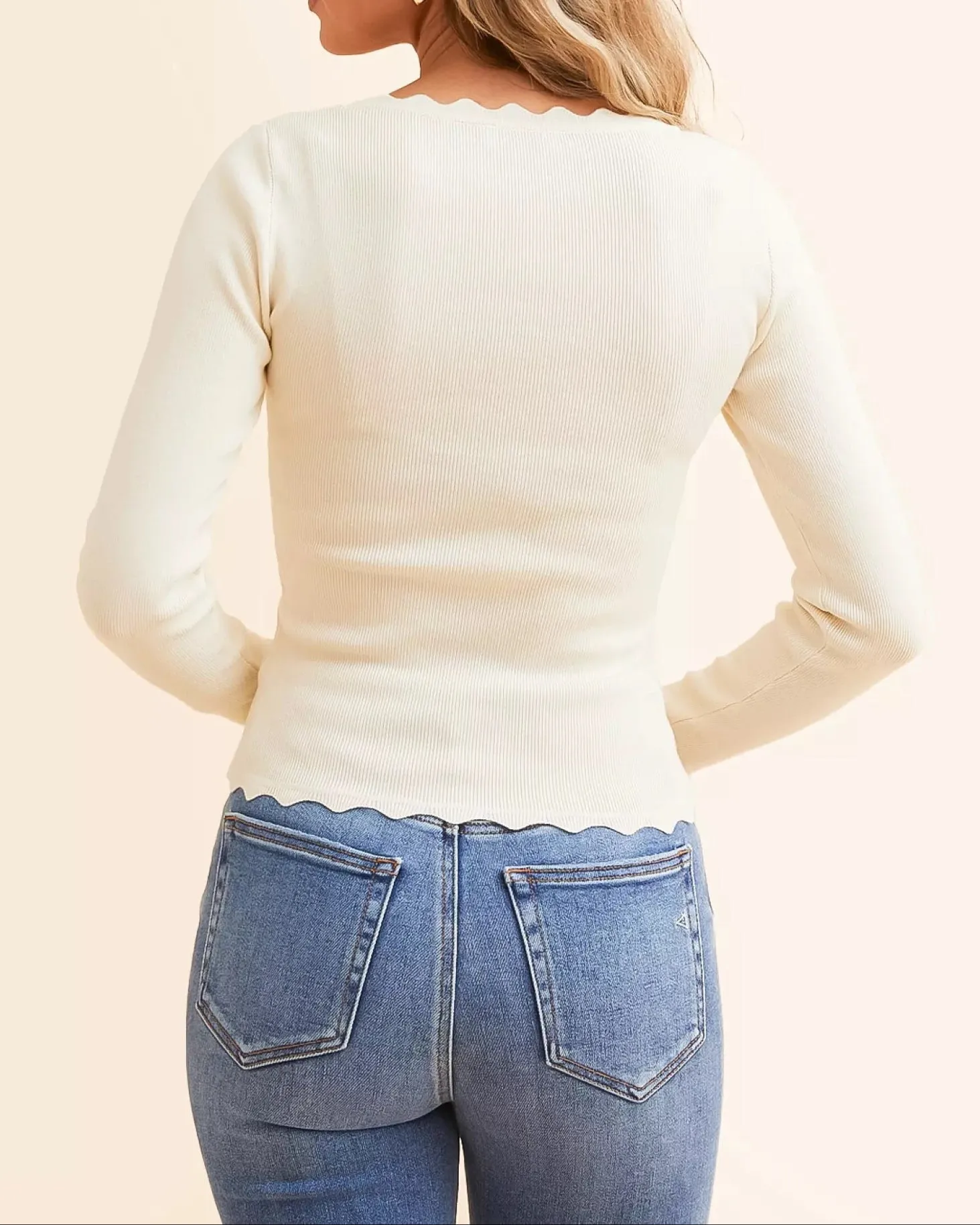 Whisper Knit Scallop Edge Long Sleeve Top (Buttercream)
